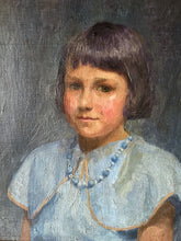 Load image into Gallery viewer, Early 20th Century inter war period realism portrait painting oil on canvas girl in blue cape