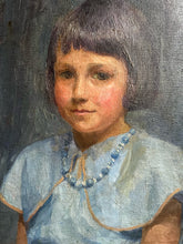 Load image into Gallery viewer, Early 20th Century inter war period realism portrait painting oil on canvas girl in blue cape