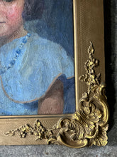 Load image into Gallery viewer, Early 20th Century inter war period realism portrait painting oil on canvas girl in blue cape