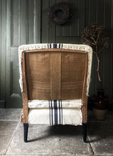 Load image into Gallery viewer, French antique Louis III deconstructed arm chair in cream blue ticking stripe fabric