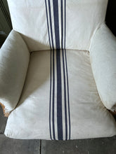 Load image into Gallery viewer, French antique Louis III deconstructed arm chair in cream blue ticking stripe fabric