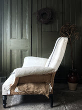 Load image into Gallery viewer, French antique Louis III deconstructed arm chair in cream blue ticking stripe fabric