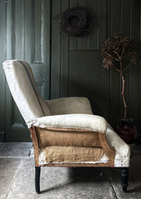 Load image into Gallery viewer, French antique Louis III deconstructed arm chair in cream blue ticking stripe fabric