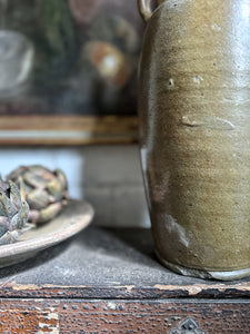 French salt glazed stoneware olive green bottle vase