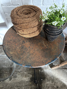 A French vintage blue painted metal circular round bistro garden table