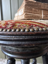 Load image into Gallery viewer, Late 19th Century American piano stool with glass ball feet & carpet tapestry fabric seat
