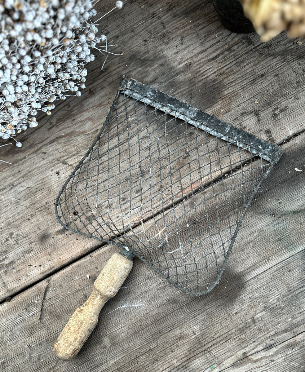 Vintage wire coal sifter garden shovel tool with wooden handle The Old Potato Store