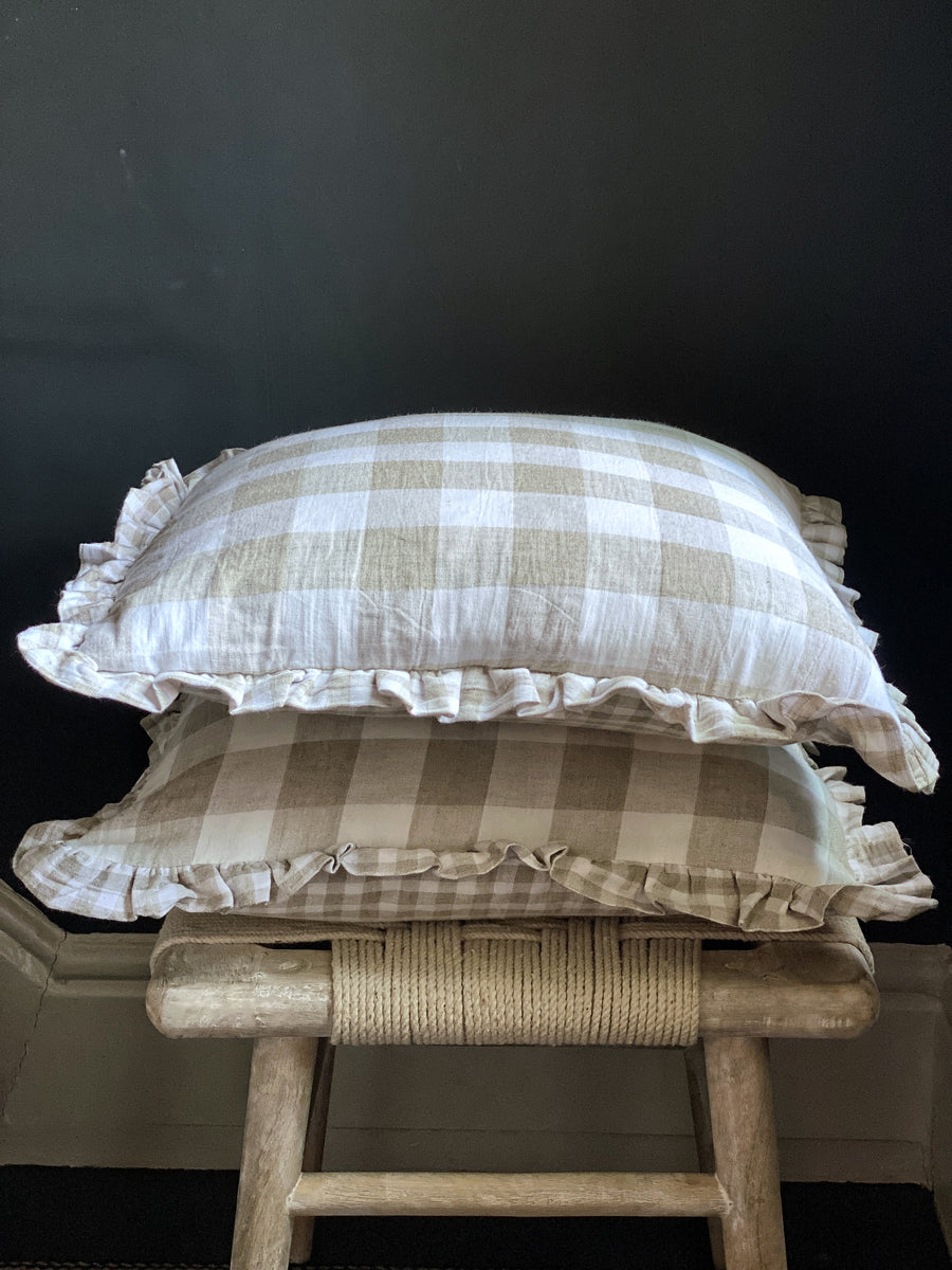 Gingham checked cushions with a frilled edge The Old Potato Store
