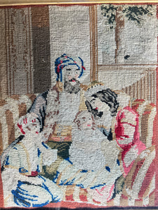 An Antique 18th Century Tapestry, needlepoint, embroidery Middle Eastern family Rosewood frame