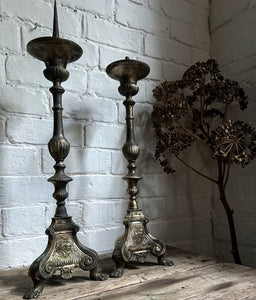 A pair of 18th Century antique Italian brass altar church pricket candlesticks