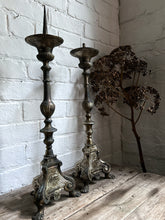 Load image into Gallery viewer, A pair of 18th Century antique Italian brass altar church pricket candlesticks