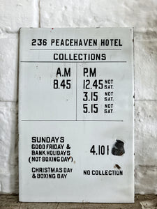 1920's vintage enamel hotel collection times sign Peacehaven East Sussex
