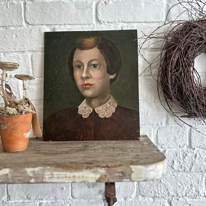 1930's Vintage portrait oil painting girl in lace collar with red hair