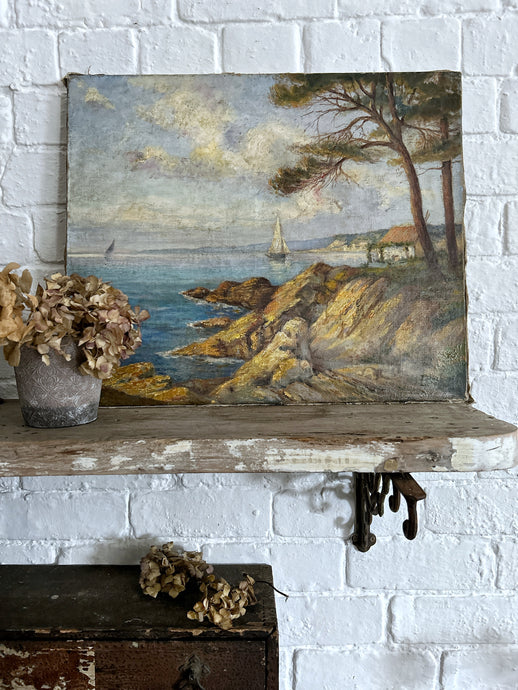 Vintage 1940's  seascape coastal vintage oil painting on canvas signed and dated 1946