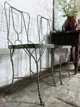 Load image into Gallery viewer, A pair of 1940&#39;s vintage French metal twisted wire green garden bistro chairs