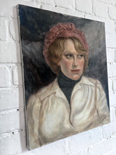 Load image into Gallery viewer, 1970&#39;s Mid Century portrait oil painting on canvas lady in beret