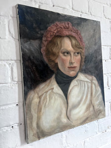 1970's Mid Century portrait oil painting on canvas lady in beret