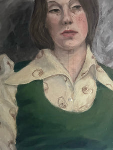 1970's Mid Century portrait oil painting on canvas lady in green tank top