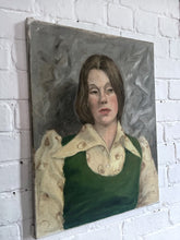 Load image into Gallery viewer, 1970&#39;s Mid Century portrait oil painting on canvas lady in green tank top