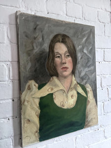 1970's Mid Century portrait oil painting on canvas lady in green tank top