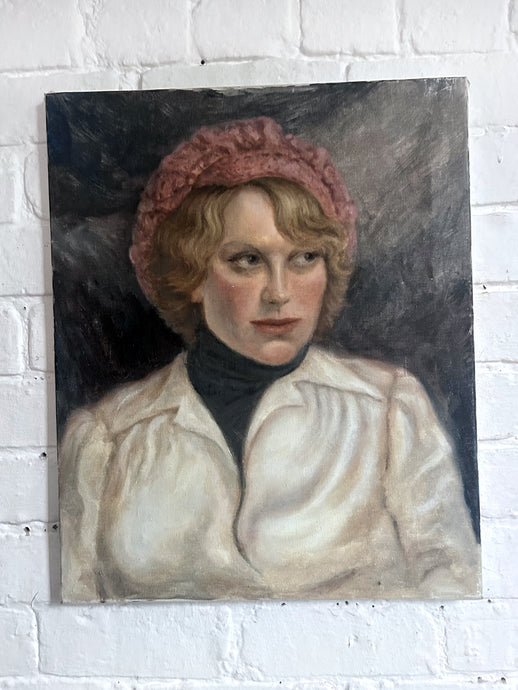 1970's Mid Century portrait oil painting on canvas lady in beret