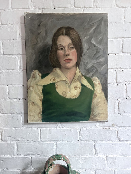 1970's Mid Century portrait oil painting on canvas lady in green tank top