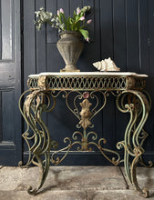 Load image into Gallery viewer, 19th Century French antique floral metal decorative console table with marble top