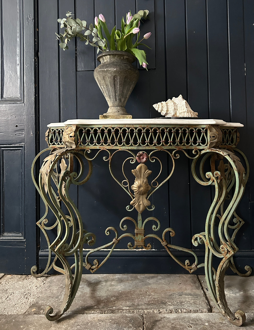19th Century French antique floral metal decorative console table with marble top