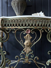 Load image into Gallery viewer, 19th Century French antique floral metal decorative console table with marble top