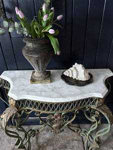 19th Century French antique floral metal decorative console table with marble top