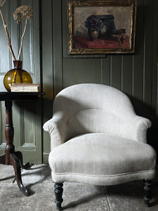 19th Century antique French napoleon III tub chair with ebonised legs reupholstered in 100% linen fabric