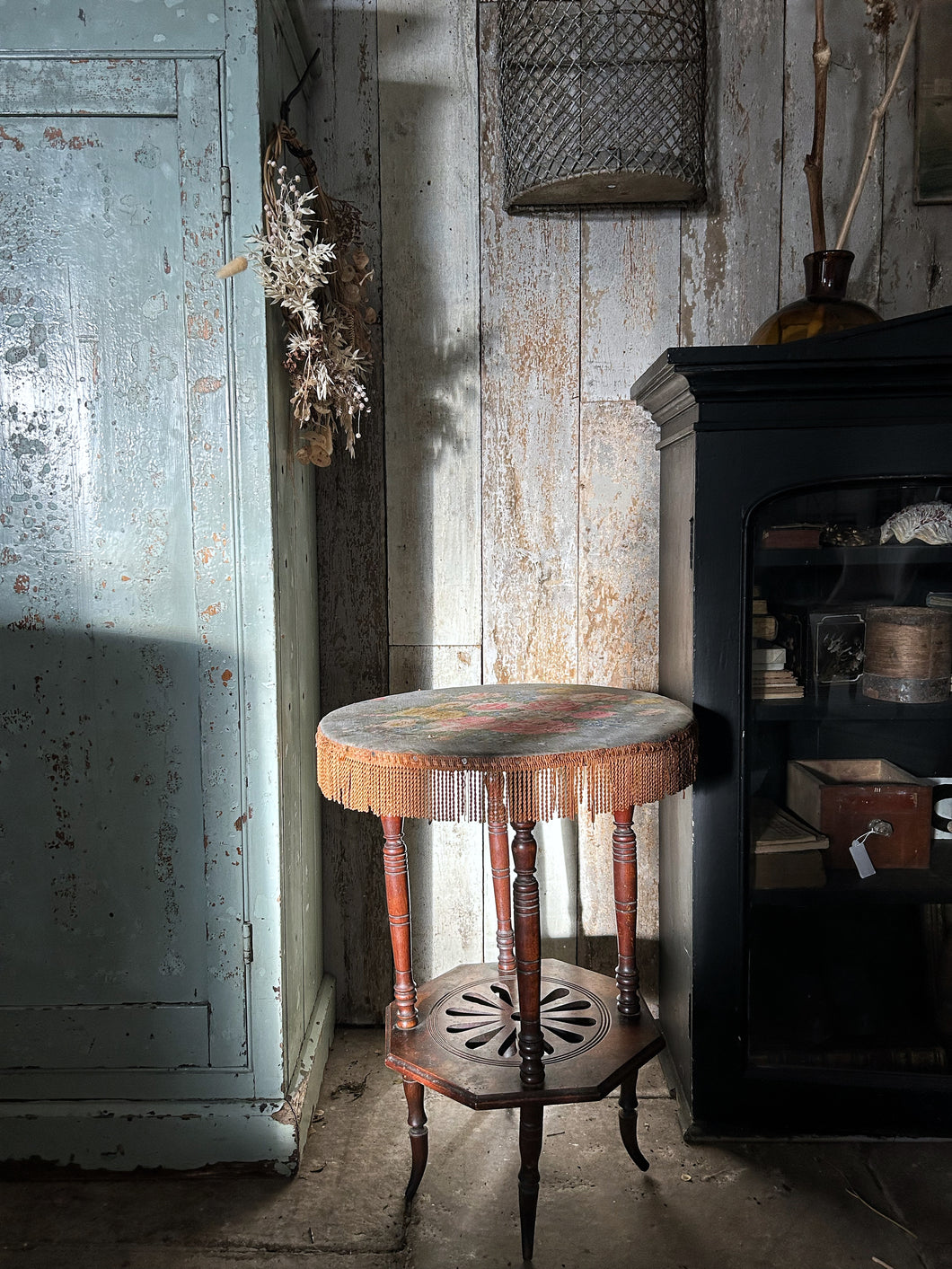 19th Century antique aesthetic movement side table with floral linen top & fringing