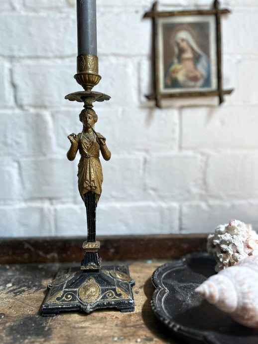 19th Century cast iron Grand tour style souvenir candlestick black & gold painted