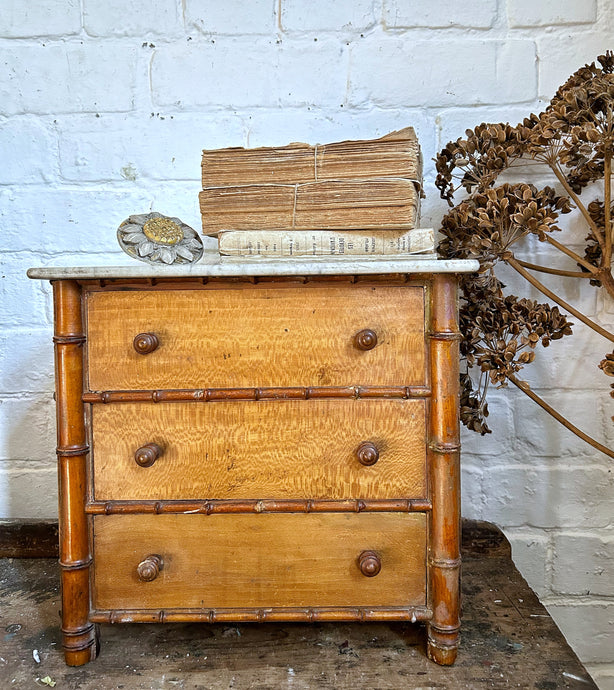 19th Century French faux bamboo miniature table top chest of drawers with marble top