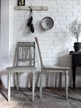 Load image into Gallery viewer, 18th Century Antique Gustavian Swedish grey original painted pair of spindle back chairs