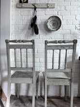 Load image into Gallery viewer, 18th Century Antique Gustavian Swedish grey original painted pair of spindle back chairs