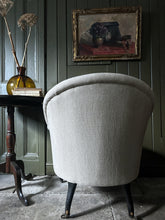 Load image into Gallery viewer, 19th Century antique French napoleon III tub chair with ebonised legs reupholstered in 100% linen fabric