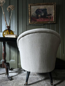 19th Century antique French napoleon III tub chair with ebonised legs reupholstered in 100% linen fabric