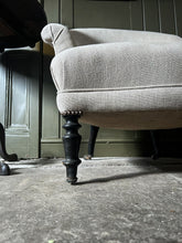 Load image into Gallery viewer, 19th Century antique French napoleon III tub chair with ebonised legs reupholstered in 100% linen fabric