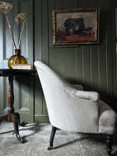 Load image into Gallery viewer, 19th Century antique French napoleon III tub chair with ebonised legs reupholstered in 100% linen fabric