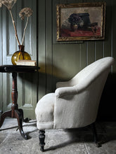 Load image into Gallery viewer, 19th Century antique French napoleon III tub chair with ebonised legs reupholstered in 100% linen fabric