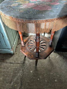 19th Century antique aesthetic movement side table with floral linen top & fringing