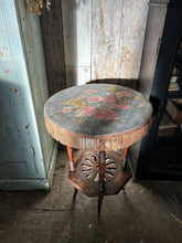 Load image into Gallery viewer, 19th Century antique aesthetic movement side table with floral linen top &amp; fringing