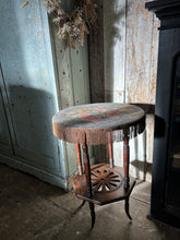 Load image into Gallery viewer, 19th Century antique aesthetic movement side table with floral linen top &amp; fringing