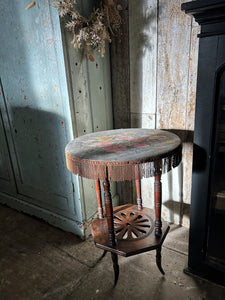 19th Century antique aesthetic movement side table with floral linen top & fringing