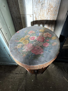 19th Century antique aesthetic movement side table with floral linen top & fringing