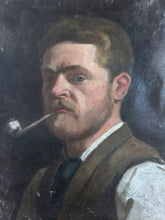 Load image into Gallery viewer, 19th Century antique portrait painting man with pipe oil on canvas