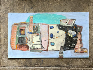 20th Century oil painting on wood St Ives Cornwall harbour & boats in the style of Alfred Wallace