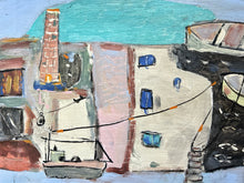Load image into Gallery viewer, 20th Century oil painting on wood St Ives Cornwall harbour &amp; boats in the style of Alfred Wallis