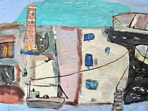20th Century oil painting on wood St Ives Cornwall harbour & boats in the style of Alfred Wallis